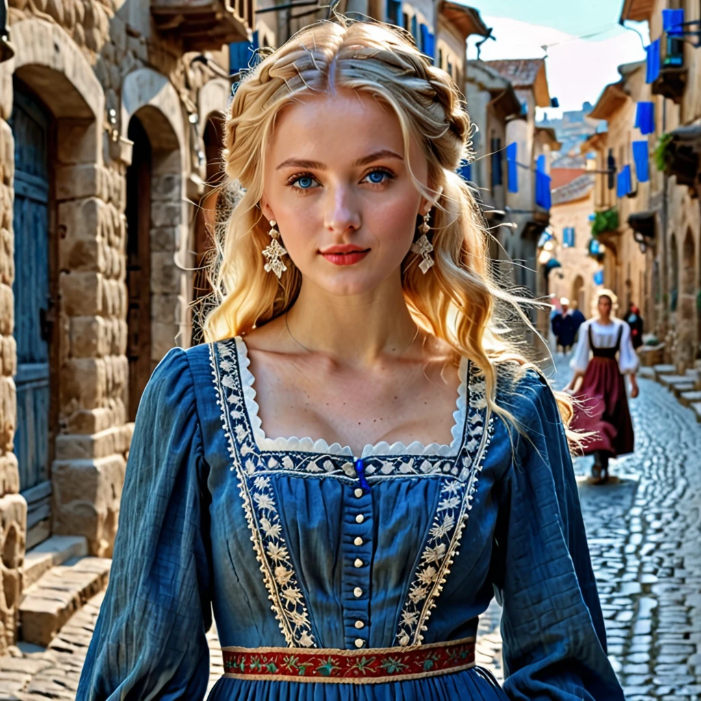 best quality, masterpiece, realistic photo, intricate details, raw photo, ultra detailed, old fashioned young woman, with peasant style dress, no necklines, blonde hair, perfect detailed and blue eyes, walking in an old city, HD quality, 8K, young woman, 15 years old