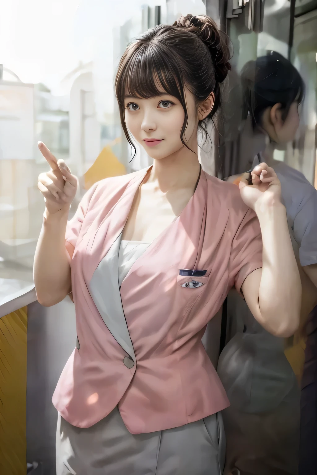 (masterpiece:1.2, Highest quality:1.2), 32k HDR, High resolution, (alone、1 girl)、 (Height: 160cm)、(On the rooftop of a building in the daytime、Professional Lighting)、Building rooftop background、(Nankai train crew uniform pinkを着たリアルスタイル)、(Nankai train crew uniform pink short sleeve collarless pink jacket、Nankai Train Crew Uniform Pink Collarless Short Sleeve Blouse、Nankai Train Crew Uniform Pink Grey Knee-length Culottes)、(The pink jacket is showing from the culottes.)、Dark brown hair、(Hair tied up、Hair tied up、Evening curly hairstyle)、Dark brown hair、Long Shot、Big Breasts、Thin legs、((Great hands:2.0)),((Harmonious body proportions:1.5)),((Normal limbs:2.0)),((Normal finger:2.0)),((Delicate eyes:2.0)),((Normal eyes:2.0)))、smile、(Nankai Train Crew Uniform Pink Grey Knee-length Culottesを見せた美しい歩く姿)、Place your hands around your stomach、Lanyard employee ID card