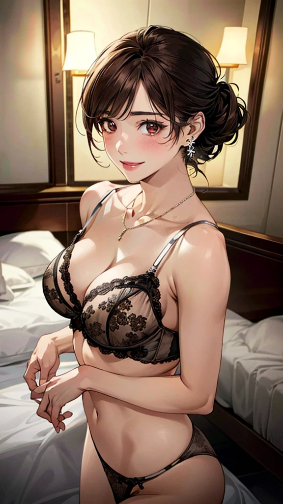 (masterpiece:1.3, Highest quality, Ultra-high resolution, Super detailed), (Realistic, photoRealistic:1.4), Beautiful illustrations, Perfect lighting, colorful, Depth of written boundary, Beautiful detailed hair, Beautifully detailed face, Beautiful fine details, Droopy eyes、Beautiful clavicle, Beautiful body, 美しいLarge Breasts, Beautiful thighs, Beautiful feet, Beautiful fingers, View Viewer、Front view:0.6, Beauty1人, Japanese, Beauty、30 years old, Perfect Face, (Perfect Anatomy, Anatomically correct), Cute and symmetrical face, Baby Face, , Shiny skin, (Sexy Lingerie:1.4) 、(Dark brown hair, Updo Hair:1.4), braided bangs、Dark brown eyes, Large Breasts, Slim body, necklace, Small earrings:1.1, (Beautiful views),(night),( A luxury hotel room),Sexy pose on the bed、 A soft smile、(Smile, Lips parted),