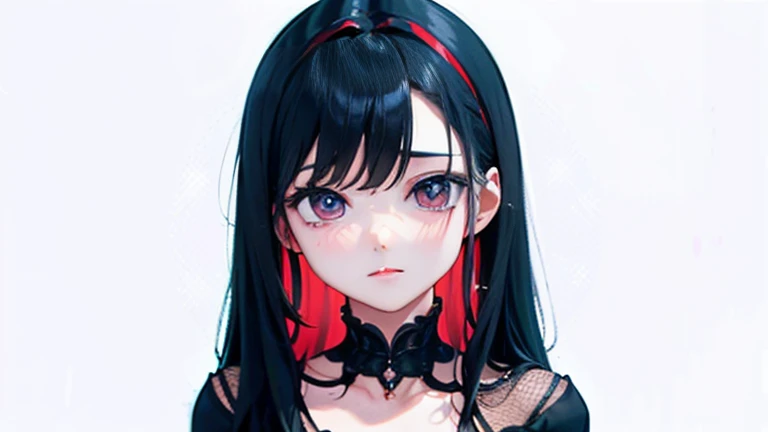 (best qualityer,4K,high resolution), 18 years old woman, Red Mesh Hair on Black Hair, Long and straight shiny hair, innocence，sharp eye、Eyes red、small-nose、eyeliner、 disheveled、Luxury black silk babydoll、 face、Place your index finger on your head、BNG、Comic appearance，comic strip，and souls，Illustrates??the deformed cute、Delicately expresses realistic skin texture、Reproduction of muscle texture、White and red contrasting background