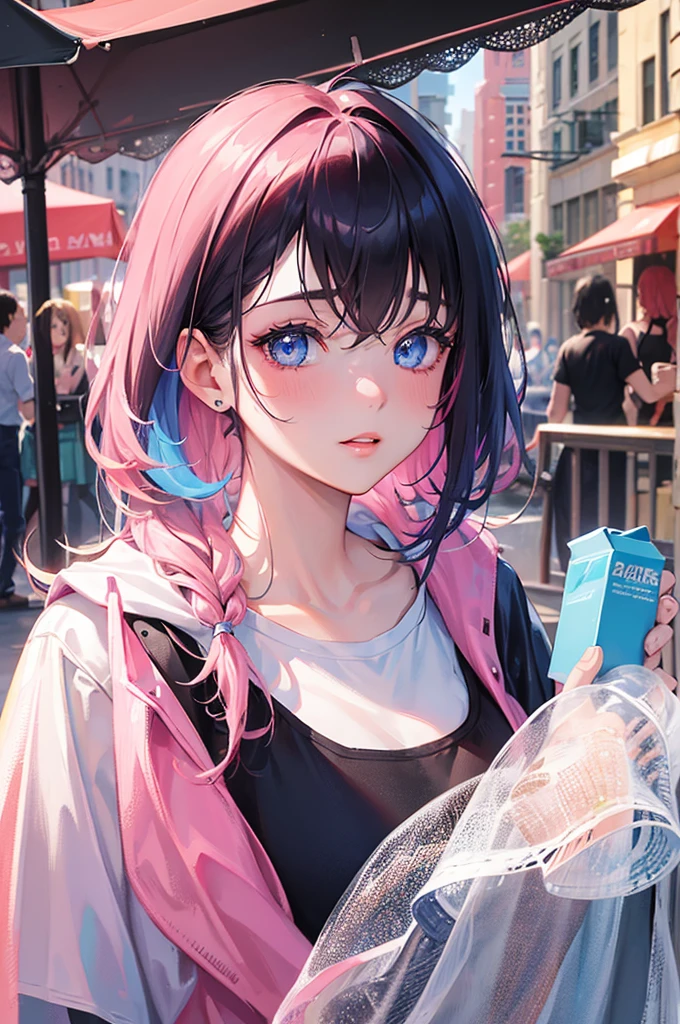 8K, Highest quality, masterpiece, Ultra-detailed、Black Hair,Pink hair dip-dye hair 、Medium Hair、full lips、Blue Eyes、18Year-old beauty、Portrait、Cafe、Blushing、、T-Shirts
