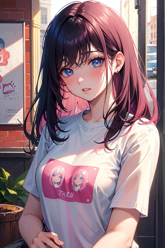 8K, Highest quality, masterpiece, Ultra-detailed、Black Hair,Pink hair dip-dye hair 、Medium Hair、full lips、Blue Eyes、18Year-old beauty、Portrait、Cafe、Blushing、、T-Shirts