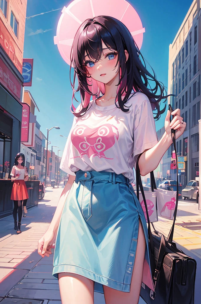 8K, Highest quality, masterpiece, Ultra-detailed、Black Hair,Pink hair dip-dye hair 、Medium Hair、full lips、Blue Eyes、18Year-old beauty、Portrait、Cafe、Blushing、、T-Shirts