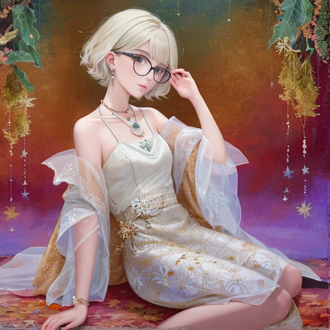Painting mse “Woman with Glasses” by Agnès Cécile, short hair, luminous design, Pastel shades, ink drips, Autumn fires