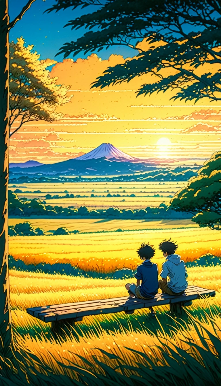 Creates an image of a serene, sunlit rural scene in a vibrant and detailed anime style. The scene is a boy sitting next to a tree in an autumn meadow, watching a vast golden yellow sky with bench spots, incredible sunset, tall grasses, makoto shinkai cyril rolando, 4k anime art wallpaper, small grass, shadows in the leaves of the trees and clouds, and. In the background you can see an infinite mountain range. The sky is a bright blue, dotted with fluffy white clouds. The overall atmosphere is calm and nostalgic, evoking a warm summer day.