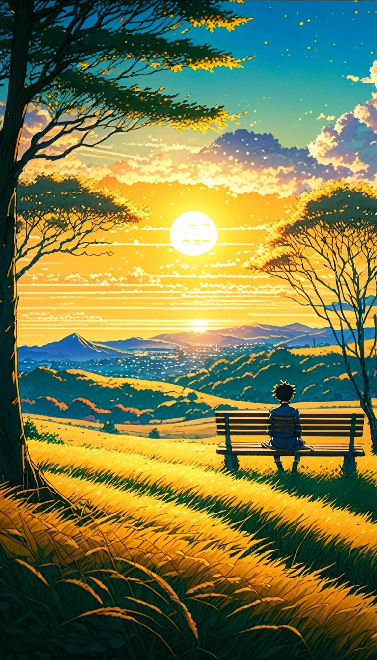 Creates an image of a serene, sunlit rural scene in a vibrant and detailed anime style. The scene is a boy sitting next to a tree in an autumn meadow, watching a vast golden yellow sky with bench spots, incredible sunset, tall grasses, makoto shinkai cyril rolando, 4k anime art wallpaper, small grass, shadows in the leaves of the trees and clouds, and. In the background you can see an infinite mountain range. The sky is a bright blue, dotted with fluffy white clouds. The overall atmosphere is calm and nostalgic, evoking a warm summer day.