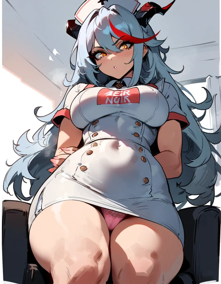 1girl, aegir \(azur lane\), azur lane \\\\\ masterpiece, best quality, very aesthetic, absurdres, newest \\\\\\ sportive body, \\\\\\ by nyantcha,,by cutesexyrobutts,by khyle ///// silvery white hair with a single prominent red streak, black horns, yellow eyes, , white background, white (nurse outfit:1.2), skirt, standing, white pencil skirt, nurse cap, sit in sofa in front of me, below view,pink openwork panties, hands behind back