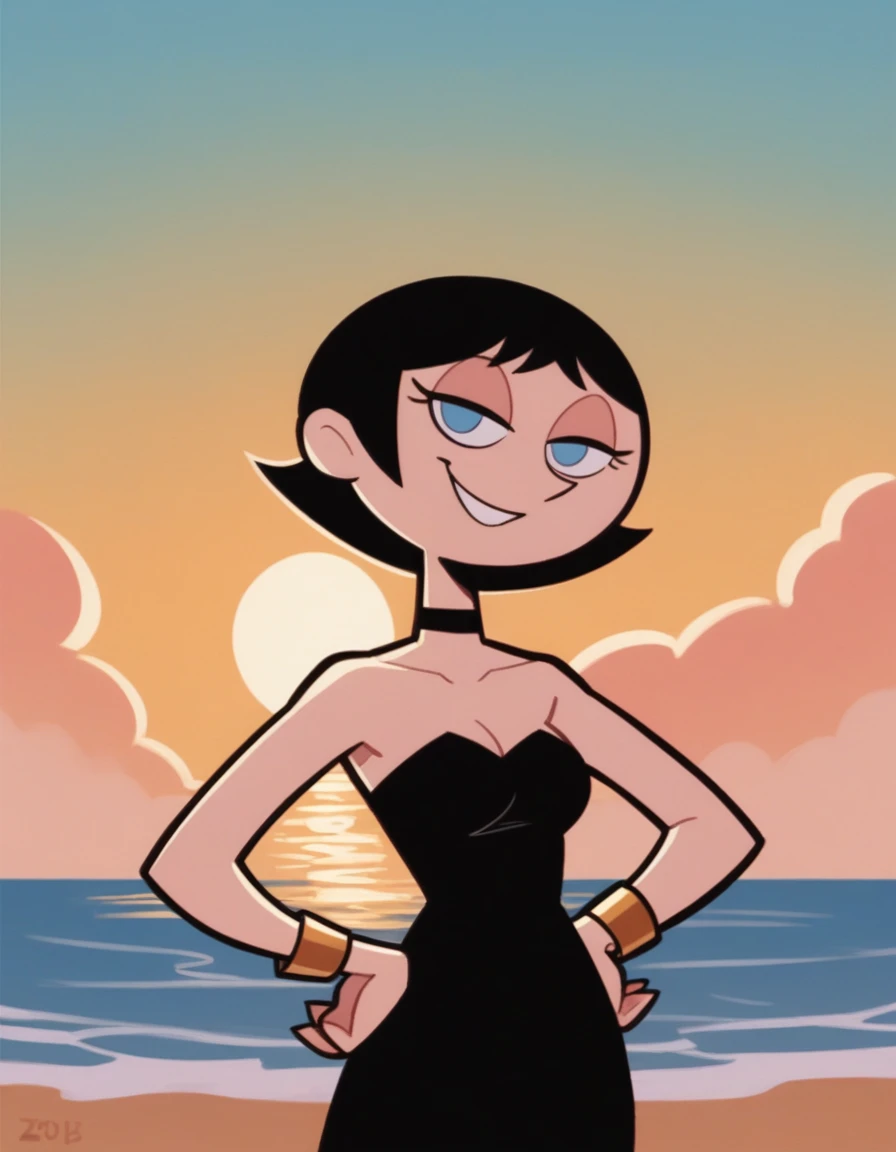 score_9, score_8_up, score_7_up, BREAK, 1girl, ke4n3PPG, short hair, black hair, hair bob, blue eyes, hands on hips, tilted waist, strapless black tube dress, black chocker, gold bracelets, a yellow sunset, ocean, seductive smile