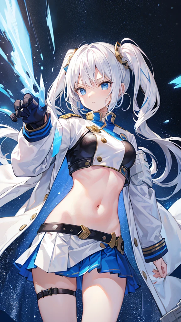 White hair,Blue streaked hair、navel、Combat Uniform、Sci-Fi Brass Knuckles、Sci-fi hair accessories、skirt、inner