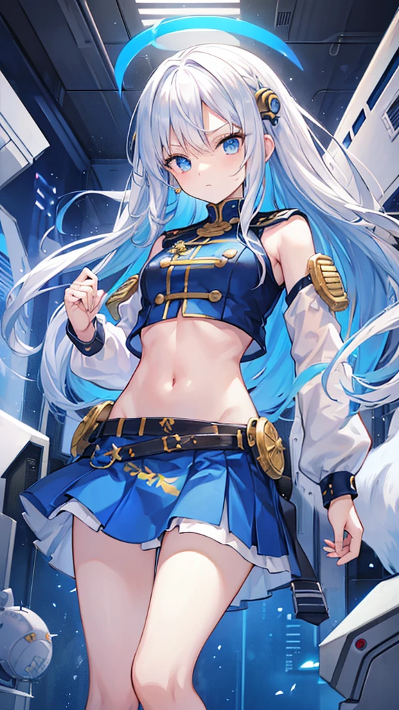White hair,Blue streaked hair、navel、Combat Uniform、Sci-Fi Brass Knuckles、Sci-fi hair accessories、skirt、inner