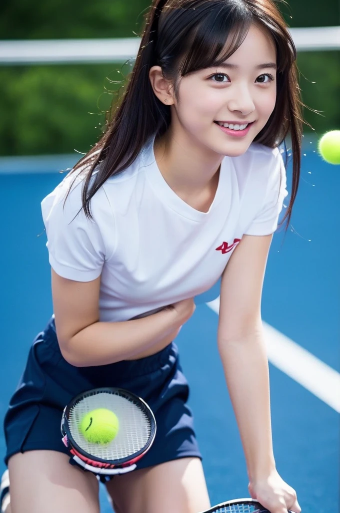 8K、High definition、Ultra Detail、Photorealistic、Realistic and accurate depiction、Realistic and accurate human anatomy、High resolution、Highest quality、Japanese beautiful girl、Highest quality, masterpiece, 超High resolution, (Realistic:1.4), RAW Photos, Girl playing tennis, , The most famous Japanese idols, playing tennis at tennis court, cuteデザインのテニスユニフォームを着て, 非常に美しいBlack Hairのショートカット, 最も人気のある日本のアイドルのような非常にcute顔, ((Very beautiful big black eyes)), Very beautiful skin, Very beautiful body, Dynamic Pose, An innocent smile, cuteデザインの詳細なテニスユニフォーム、Natural Makeup、Perfect Skin、Charm、Active、Black Hair、cute、The ultimate beautiful girl