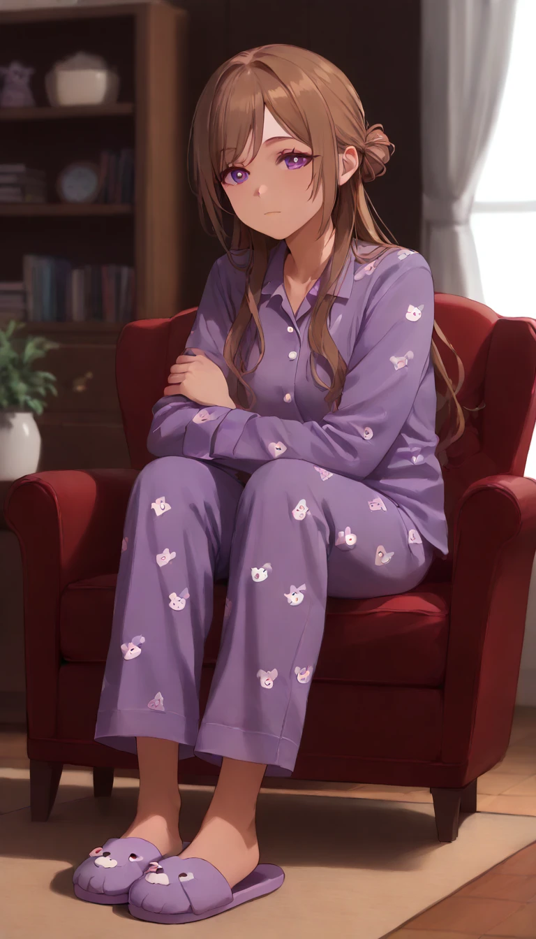 score_9, score_8_up, score_7_up, score_6_up, source_anime,masterpiece, best quality, 8k, 8k UHD, ultra-high resolution, ultra-high definition, highres, shading, good_hands, himesaki rinami, purple eyes, brown hair, hair bun, long hair, pajamas, slippers, solo, 1girl, full body, sitting on chair,