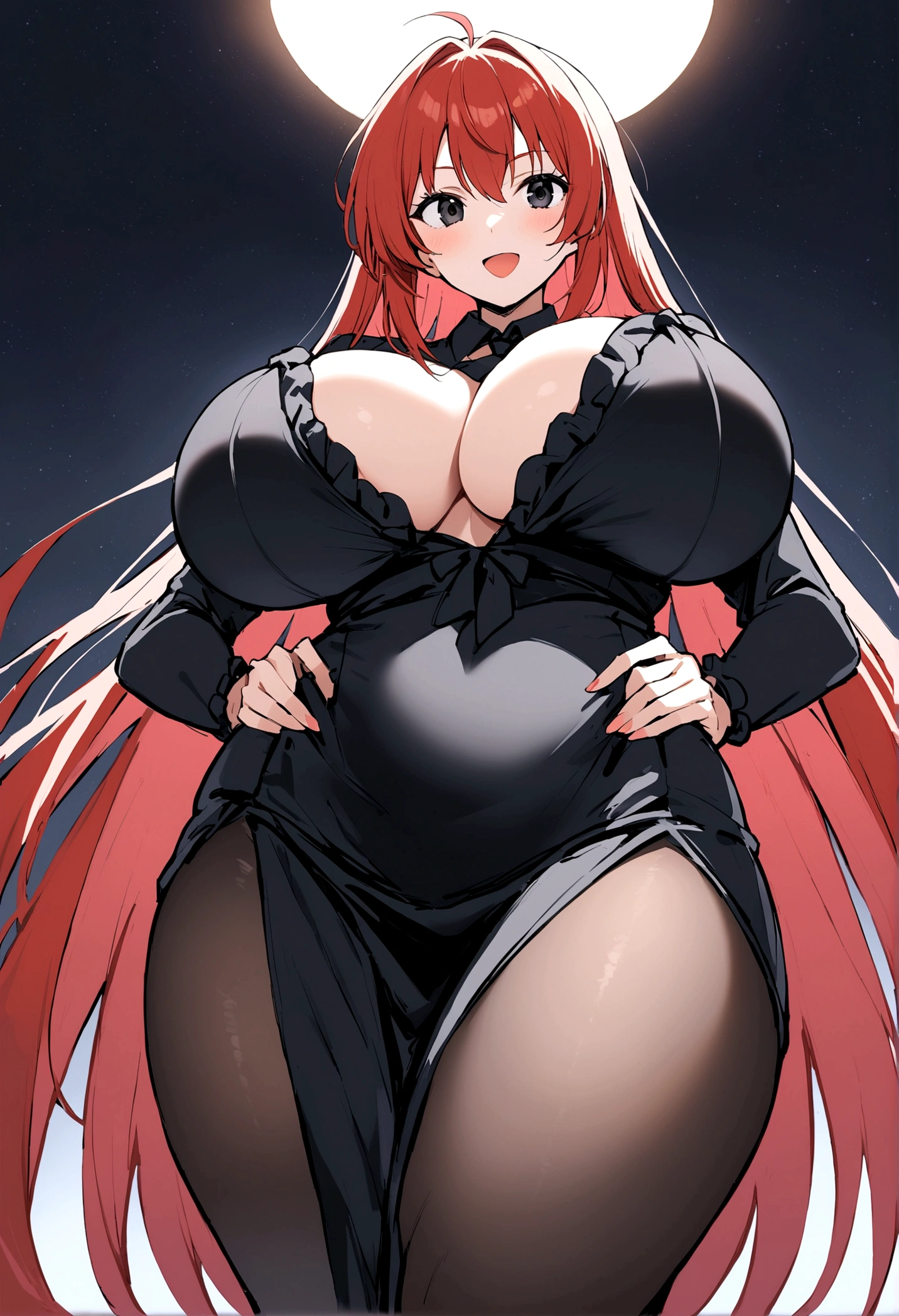 My name is Hikaru, I am a white test woman with long red hair and black eyes. I am 1.60 cm tall and weigh 46 kg. My breast sizes are 300 cm, my waist is 60 cm and my hips are 200 cm. Dressed in a short, tight black nightgown. With big breasts 310 cm