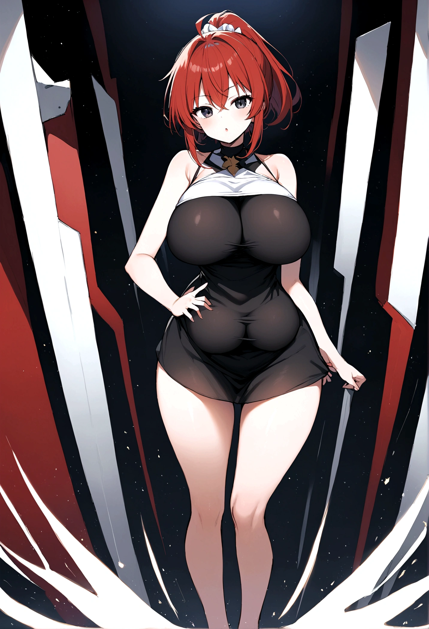 My name is Hikaru, I am a white test woman with long red hair and black eyes. I am 1.60 cm tall and weigh 46 kg. My breast sizes are 300 cm, my waist is 60 cm and my hips are 200 cm. Dressed in a short, tight black nightgown. With big breasts 310 cm 