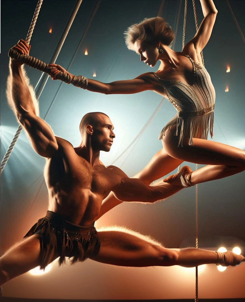 man and woman trapeze artists dancing dynamic dramatic highres photo, very tanned primitive buzzcut shaved head brutish Neanderthal Russian young man trapeze acrobatics with woman in circus Brazil