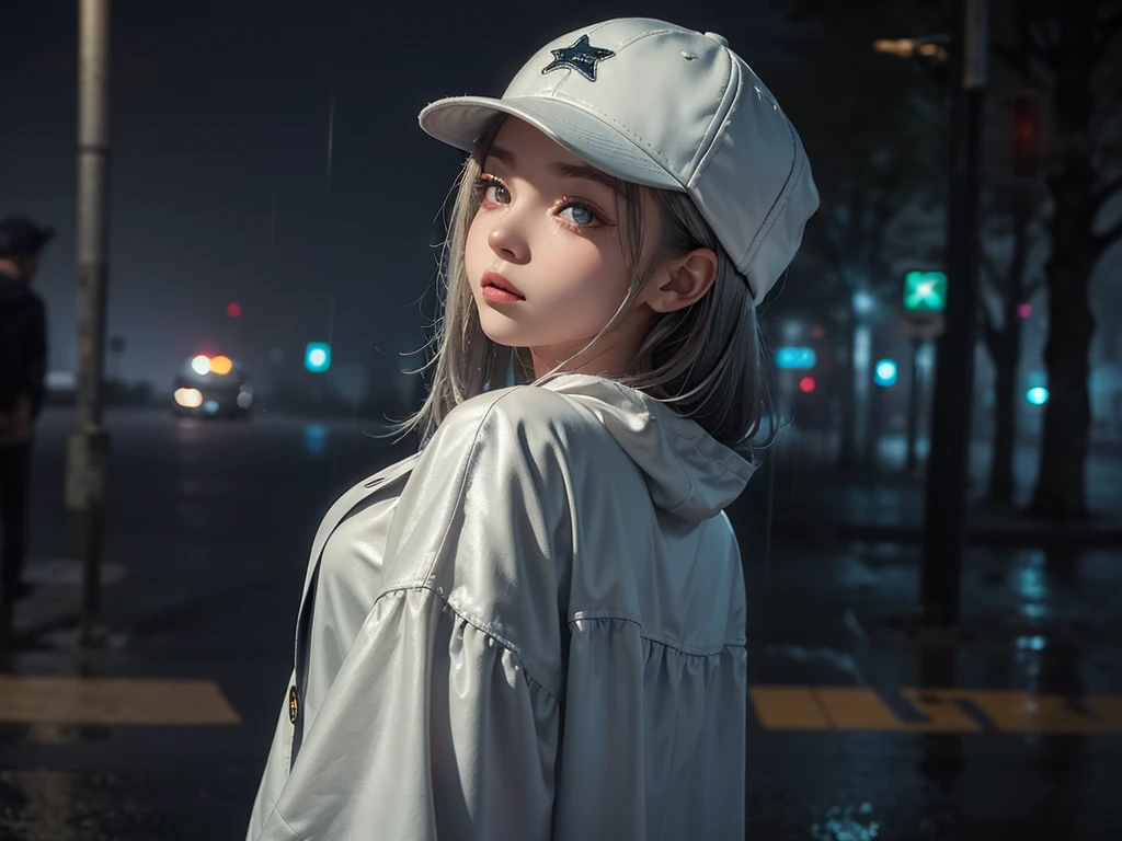 1 Girl,Solitary,((Beautiful and delicate eyes)), (Detailed lighting),Depth of Field,Silver Eyes,look back,night,Starfall,rain,Thick fog,In the middle of the night，Put on a baseball cap，Solitary，Walking in the street，Background shadows