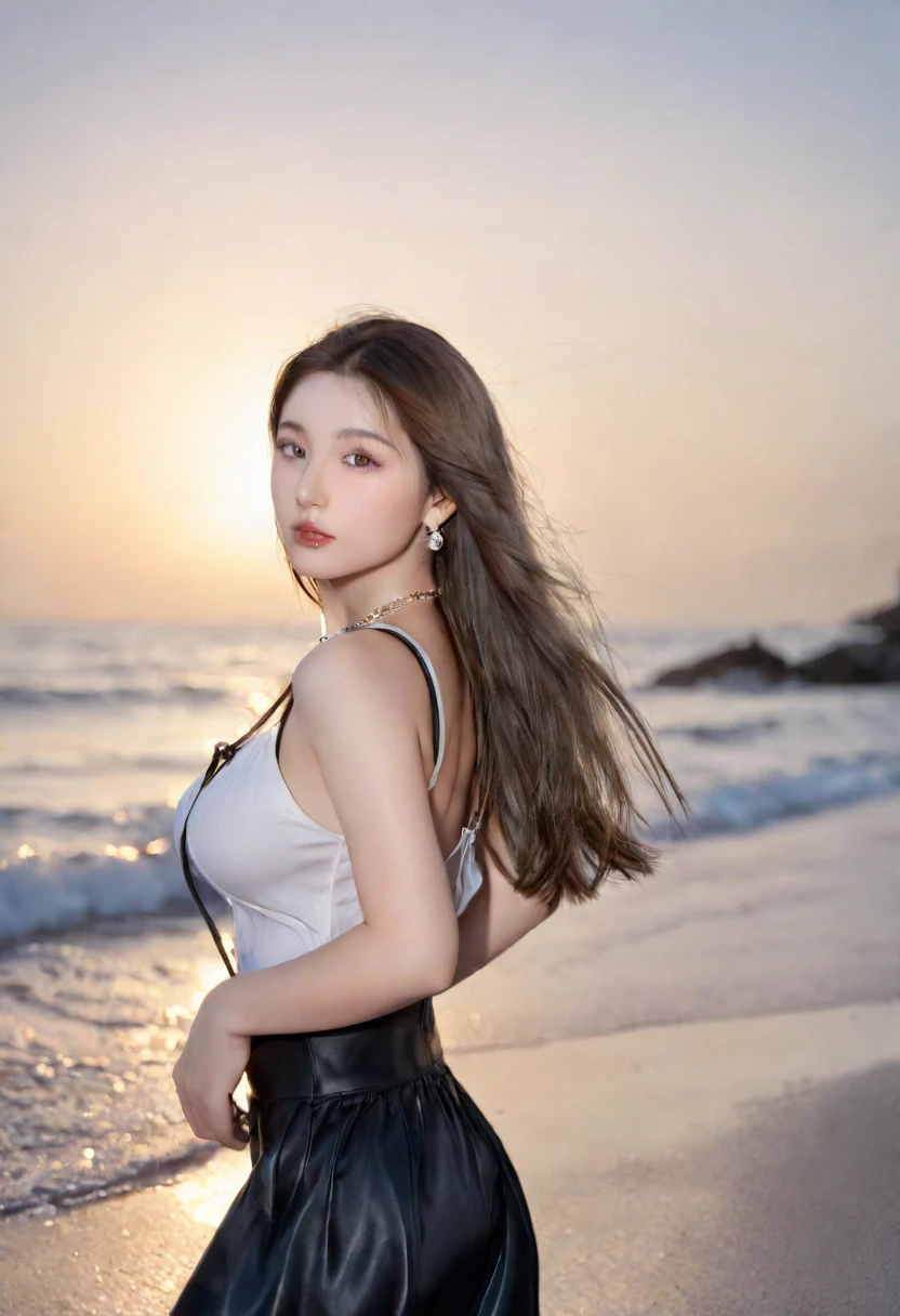 A girl in her 20s, with long hair, smooth and shiny, blurry eyes, looking at the camera, peerless beauty, wearing jewelry, full, firm and round breasts, showing deep cleavage, soft, master work, dynamic perspective, real, surreal, HD quality, 16k resolution, brown hair, long hair, wearing a jewelry necklace, stunning, stunning beauty, tall, firm and elastic breasts, showing deep cleavage, wearing a suspender skirt, showing her back, walking on the beach, at the seaside, (front view), sunset, HD quality, ultra clear, 16k