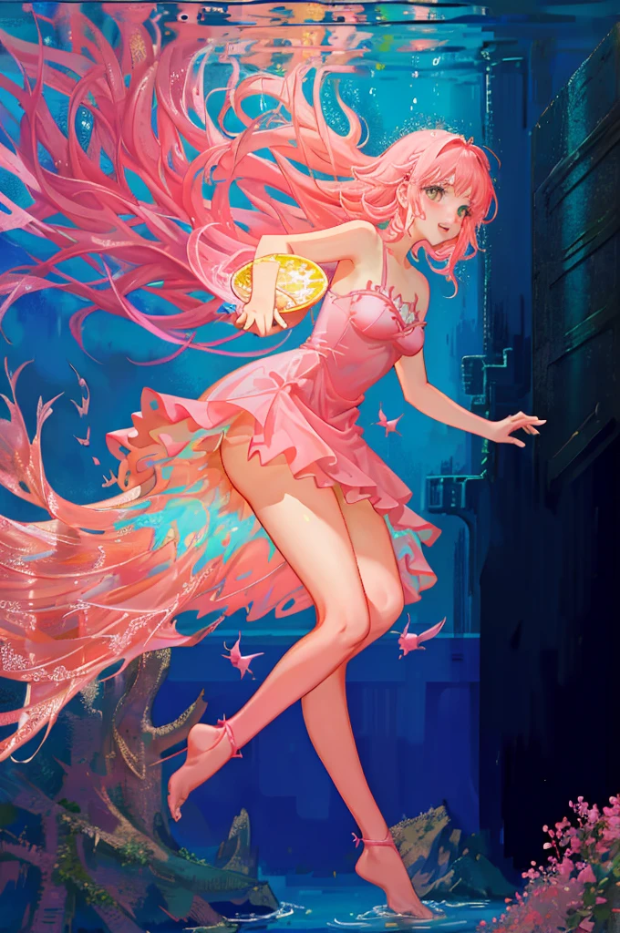 ((best quality)), ((masterpiece)), (detailed), 1 girl, anime girl, ((axolotl girl)), monster girl, blush, gentle smile, pink hair, princess dress, flowing dress, exposed shoulders, underwater background, full body, large breasts, floating pose, dynamic pose, teal eyes, beautiful, ((intricate outfit)), ((absurdres)), front view, reaching out hand, axolotl, thick thighs 