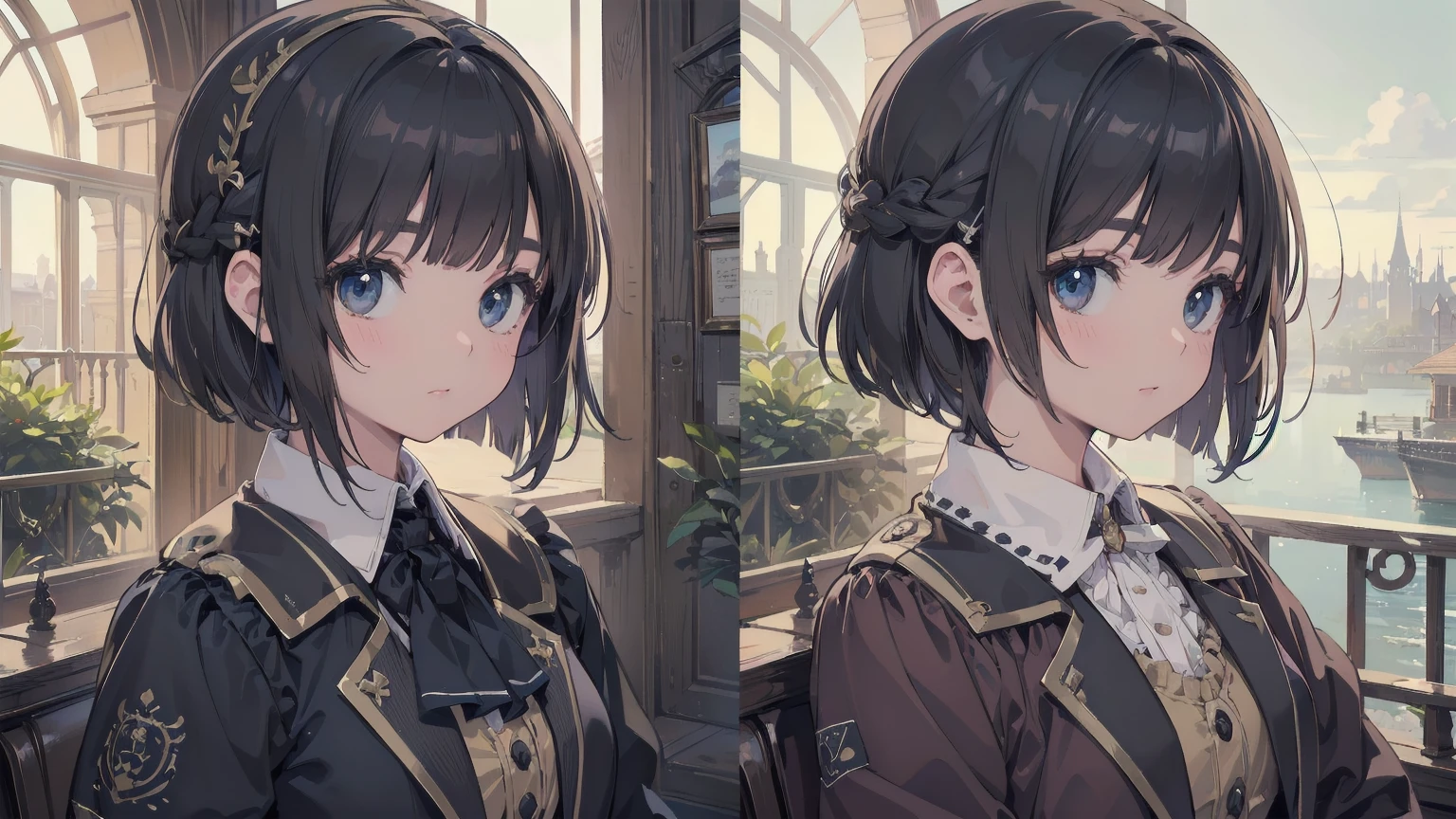 (Highest quality、16K、masterpiece、Ultra-high resolution、Victorian era、Photorealistic:1.2)、Cowboy Shot、One-length bob cut braided hair clip with front drop、Branded Uniforms cute、clear、 Tsundere、Heroine's Attributes