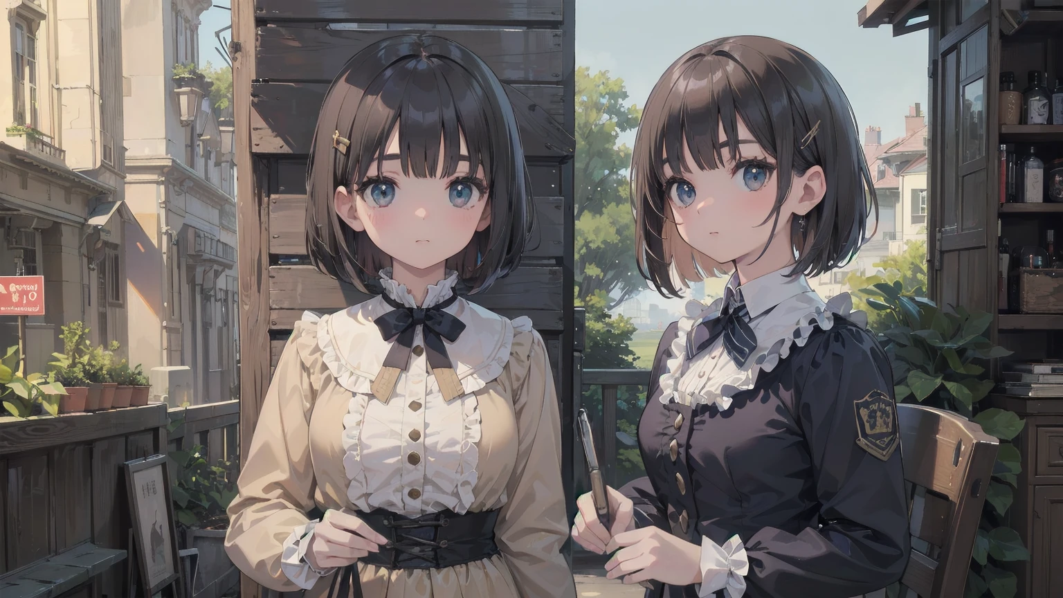 (Highest quality、16K、masterpiece、Ultra-high resolution、Victorian era、Photorealistic:1.2)、Cowboy Shot、One-length bob cut braided hair clip with front drop、Branded Uniforms cute、clear、 Tsundere、Heroine's Attributes