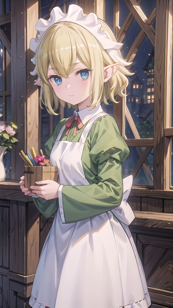 This_Ryu, pointed ears, maid headdress, Blue eyes, 1 girl, One, blonde hair, Looking at the viewer, elf, maid, short hair, apron, long sleeves, puffy sleeves, green dress, upper body, dress, Juliet sleeves
