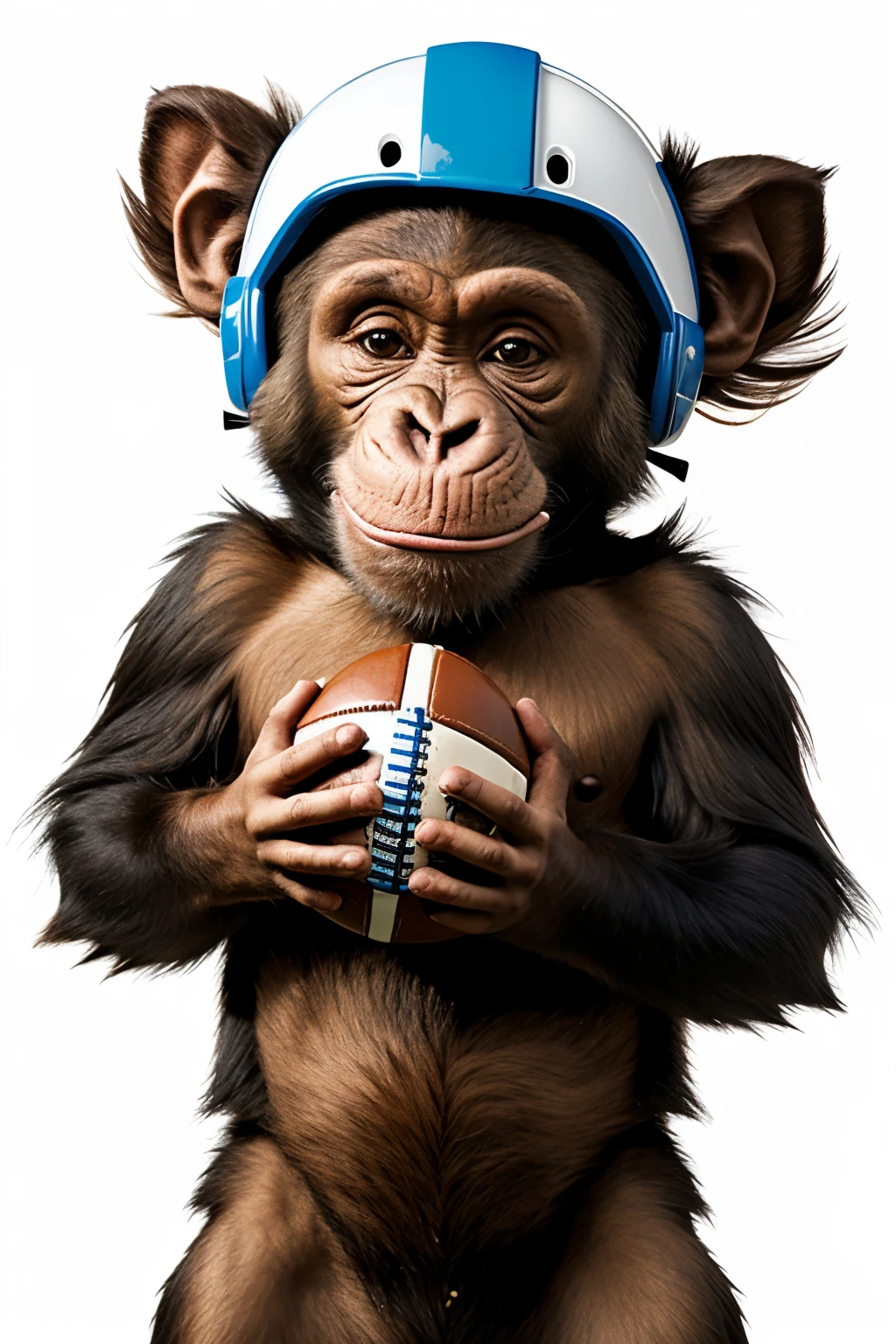 side cartoon of brown chimpanzee with blue football helmet, spitting, White background