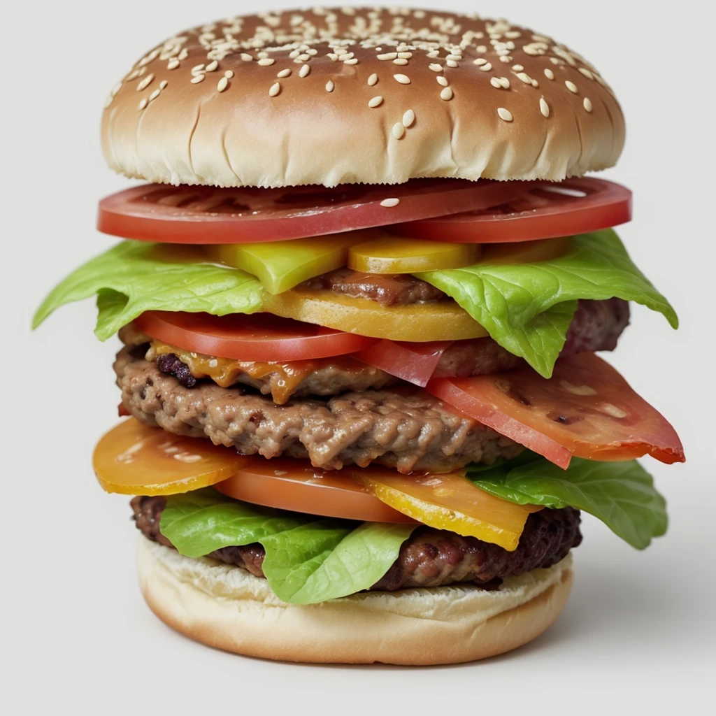 Make a super delicious Hamburger, (realistic), (best quality), white background 