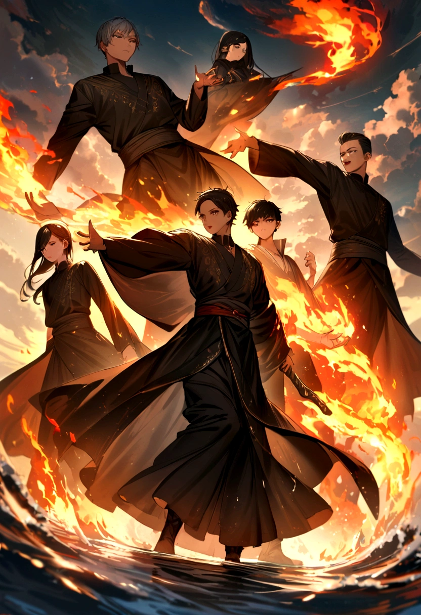 five agers from Indonesia, two women and three men, each with the power of water, fire, earth, air and black magic, wearing black robes and a man with the power of black magic as the leader