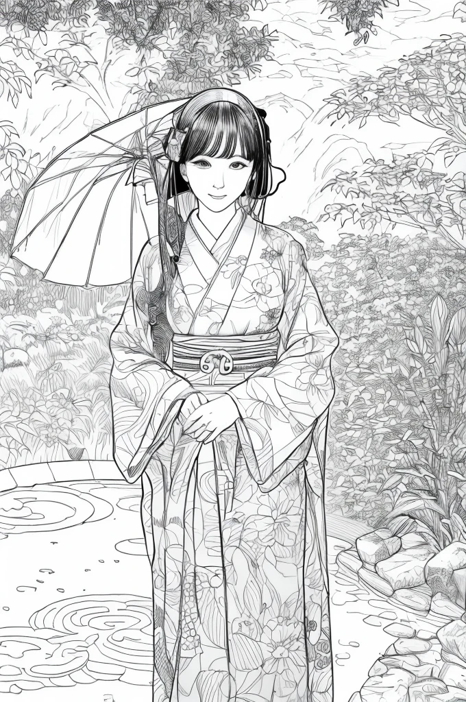 Please create a realistic ukiyo-e illustration of a cute, smiling woman in a kimono that conveys Japanese culture in various poses with (a Japanese garden in the background:1.5), using a simple black and white coloring book that even children can do. The illustration is a illustration with detailed facial features and cartoon-style visuals, (high contrast, sketch, monochrome, clean line drawings for coloring book:1.5)
