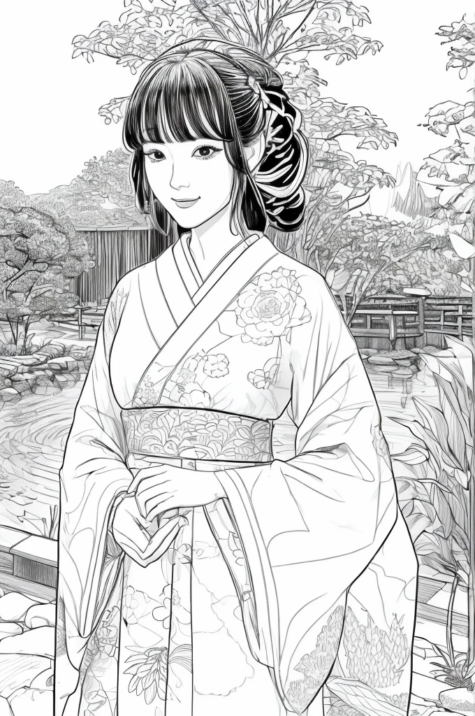 Please create a realistic ukiyo-e illustration of a cute, smiling woman in a kimono that conveys Japanese culture in various poses with (a Japanese garden in the background:1.5), using a simple black and white coloring book that even children can do. The illustration is a illustration with detailed facial features and cartoon-style visuals, (high contrast, sketch, monochrome, clean line drawings for coloring book:1.5)
