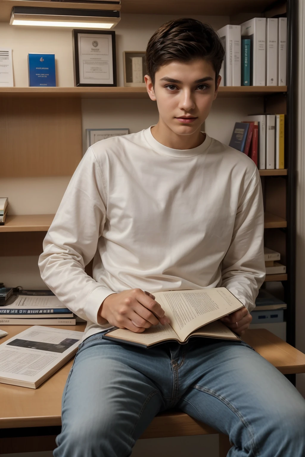 A beautiful young male twink with black hair and a face with makeup. He is wearing a white long-sleeved shirt and black jeans. He is in his huge scientific office. He is sitting studying with concentration and at a desk with a mathematics book on it.