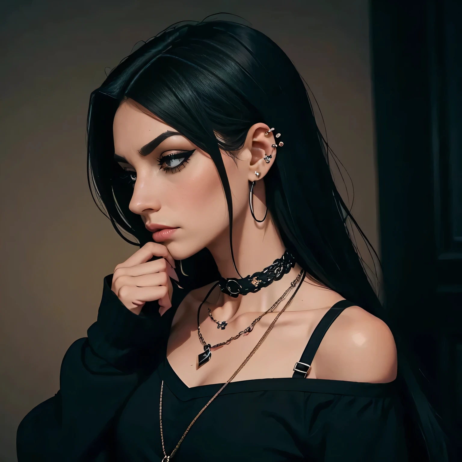 Kizi. gothic, emo, Grieving, black short hair, black shirt with cold shoulders and very long sleeves that cover most of your hands. She wears very heavy black eyeliner, two ear piercings, black nail polish, a necklace with a small sword keychain and a black bra, with the straps visible due to the off-the-shoulder shirt, with teddy bear in hand