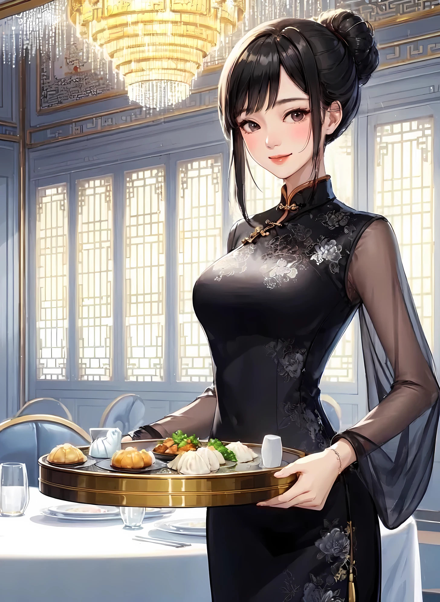 1lady solo, standing, (elegant cheongsam) stylish floral, (mature female:0.8), /(black hair/) bangs, kind smile, (masterpiece best quality:1.2) delicate illustration ultra-detailed, ?????????????, (holding tray with dim sum) BREAK (Chinese restaurant) indoors, luxury, dim sum, table, detailed background