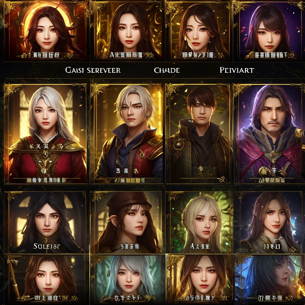 There are a bunch of screenshots of the characters，Characters side by side，Character Portraits，Baroque，Character selection screen，8k character details，In-game graphics，full character，Gothic antique theme，Highly detailed characters，ability image，entire character！Characters side by side， Computer games with user interface，Game character head design adjustment ID card selection game professional warrior mage priest archer ranger knight shield warrior hunter summoner beast trainer priest nurse dancer herbalist shaman druid chef ninja