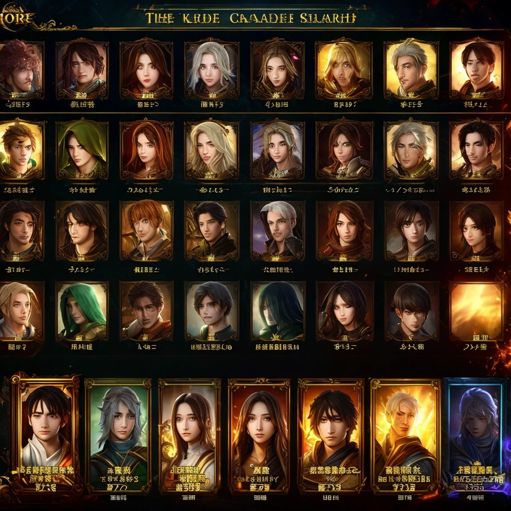 There are a bunch of screenshots of the characters,Characters side by side,Character Portraits,Baroque,Character selection screen,8k character details,In-game graphics,full character,Gothic antique theme,Highly detailed characters,ability image,entire character!Characters side by side, Computer games with user interface,Game character head design adjustment ID card selection game professional warrior mage priest archer ranger knight shield warrior hunter summoner beast trainer priest nurse dancer herbalist shaman druid chef ninja