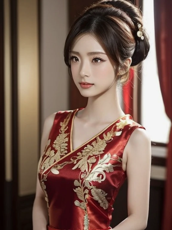 (uetoaya), (China dress), (Sleeveless), (Chinese bun hairstyle), beautiful, elegant, Red and Gold, Brilliant, Delicate embroidery, Noble, silk, functional, Traditional, modern, Delicate makeup, Gold Accessories, Soft lighting, Calm background