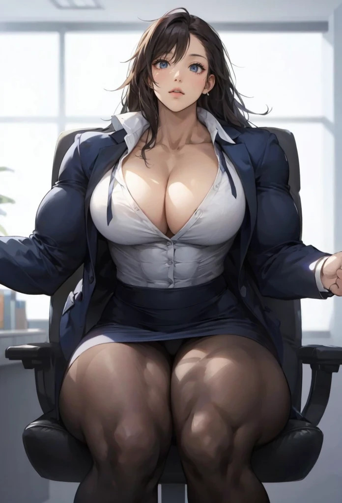 blazer,office lady,pantyhose,pecs,muscular female,muscular girl, alternate muscle size, best quality,masterpiece