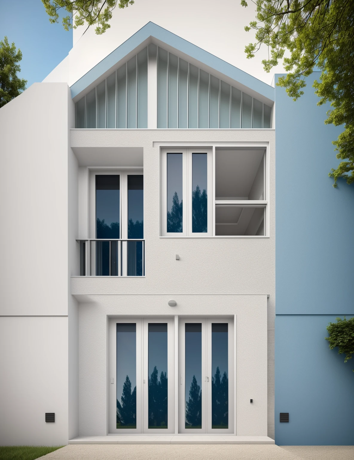 architecture minimaliste, les principaux matériaux de la maison comprennent des murs blancs, murs effet béton bleu, Images réalistes, Extrêmement détaillé, une maison moderne, 1 route devant la maison, grande cour en céramique, (1 voiture), clôture en brique, pelouse, quelques petites fleurs, une route devant la maison, les principaux matériaux de la maison sont les murs blancs et la brique rouge, Design moderne, ciel bleu clair, lumière du lever du soleil, la lumière de l'intérieur, lumière dynamique,lumière chatoyante, Lumière cinématographique, sentiment romantique, (((lumière du jour, lumière chaude)))
