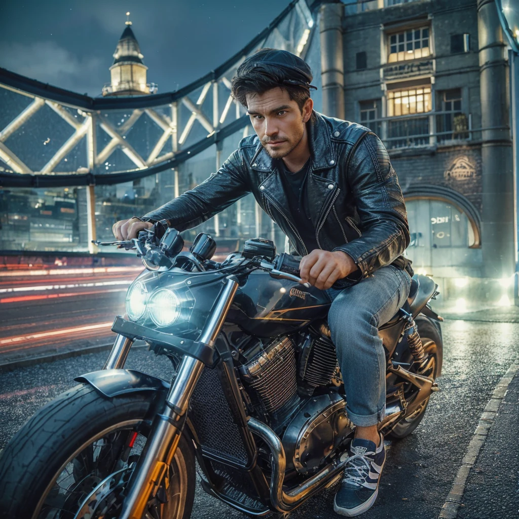 realistic photo of a man wearing a black leather jacket with a picture of a lion that says "OTAXZOAX" on the top, jeans and a baseball cap sitting on a rock by the beach, looking towards the sea, only his back is visible, a bright night, stars, aurora in the distance , wave ripples, hdr+