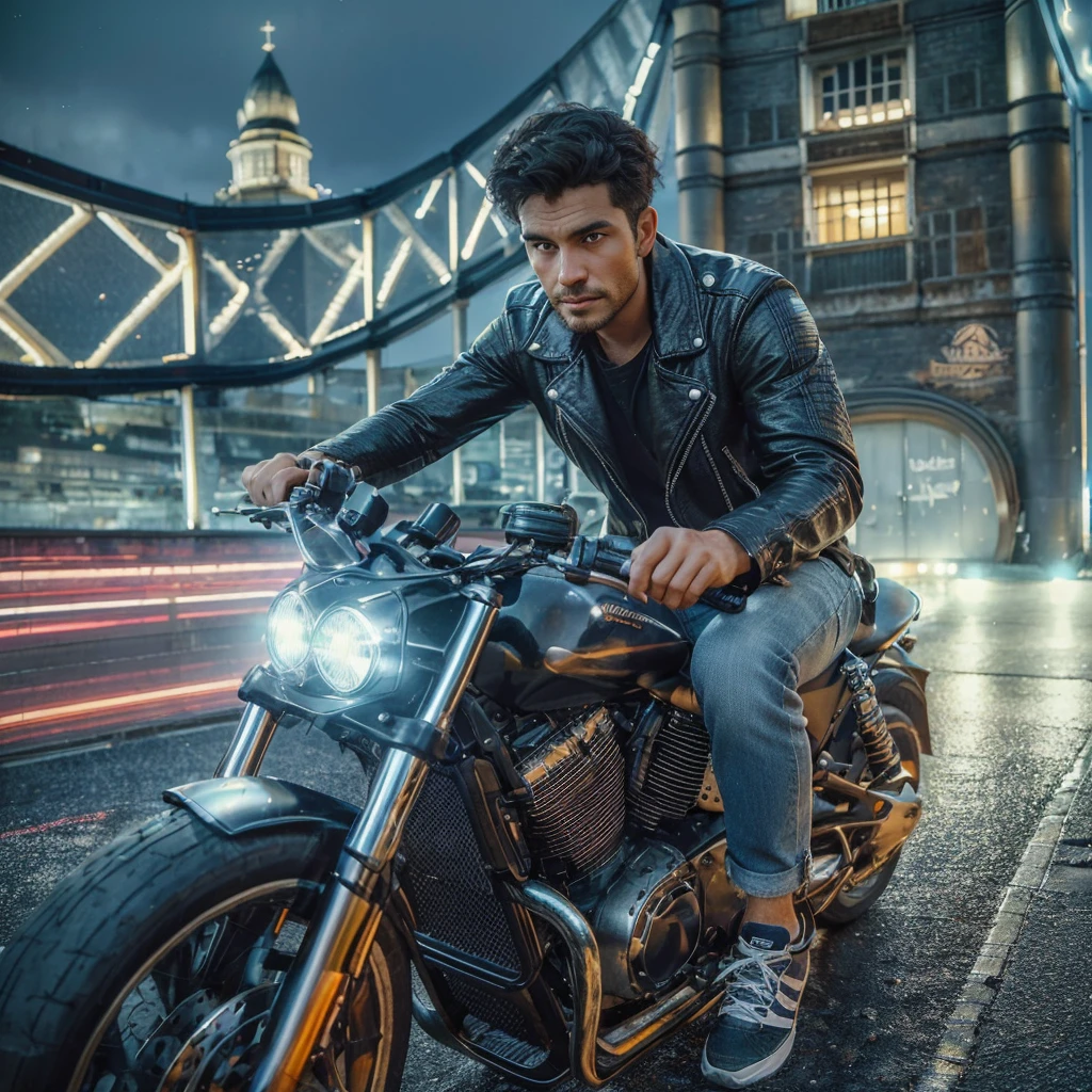 realistic photo of a man wearing a black leather jacket with a picture of a lion that says "OTAXZOAX" on the top, jeans and a baseball cap sitting on a rock by the beach, looking towards the sea, only his back is visible, a bright night, stars, aurora in the distance  , wave ripples, hdr+