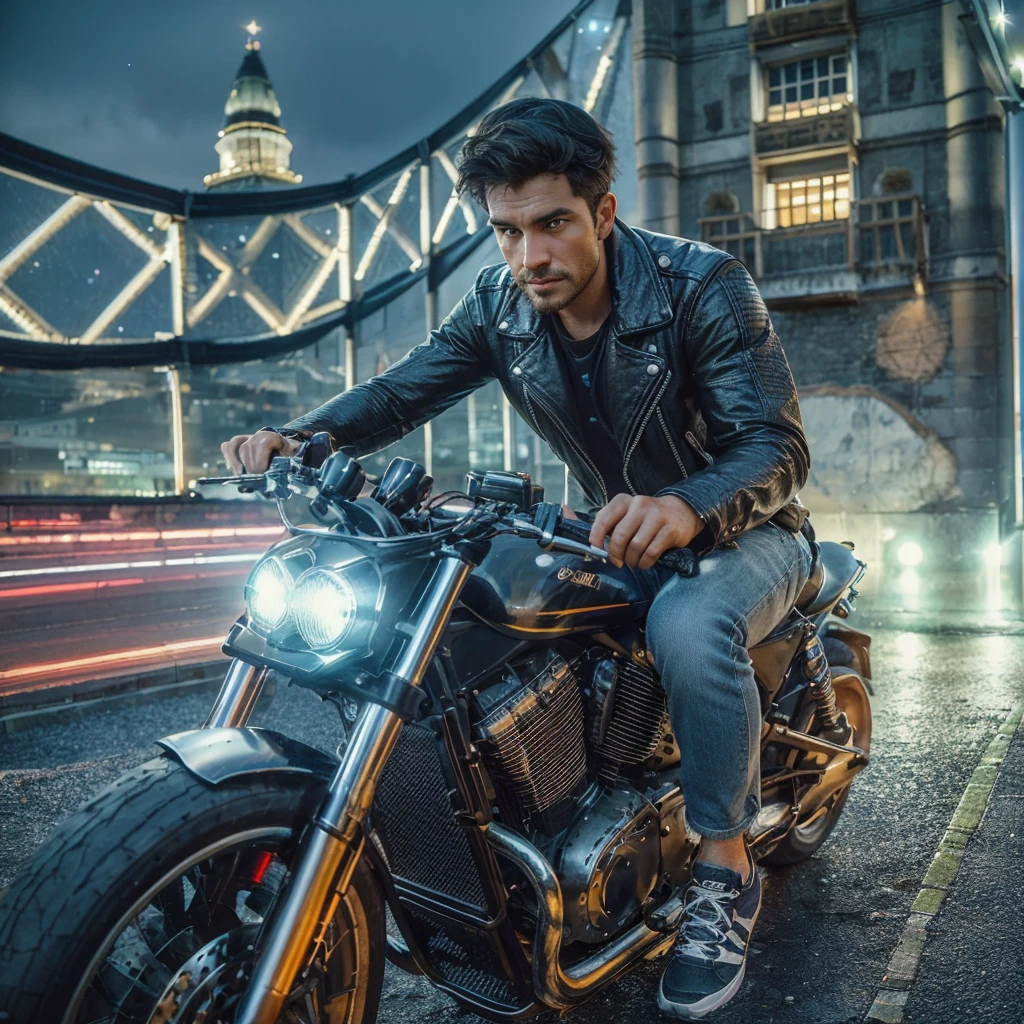 realistic photo of a man wearing a black leather jacket with a picture of a lion that says "OTAXZOAX" on the top, jeans and a baseball cap sitting on a rock by the beach, looking towards the sea, only his back is visible, a bright night, stars, aurora in the distance , wave ripples, hdr+