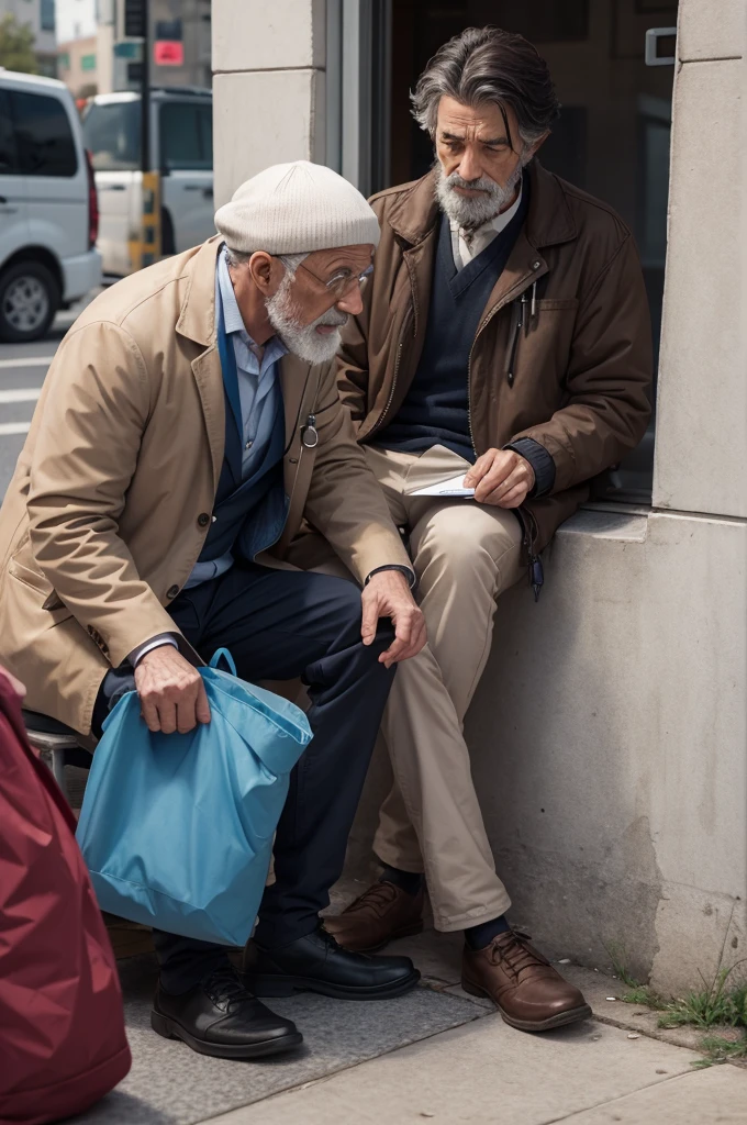 Drawing of a doctor talking to a homeless person l