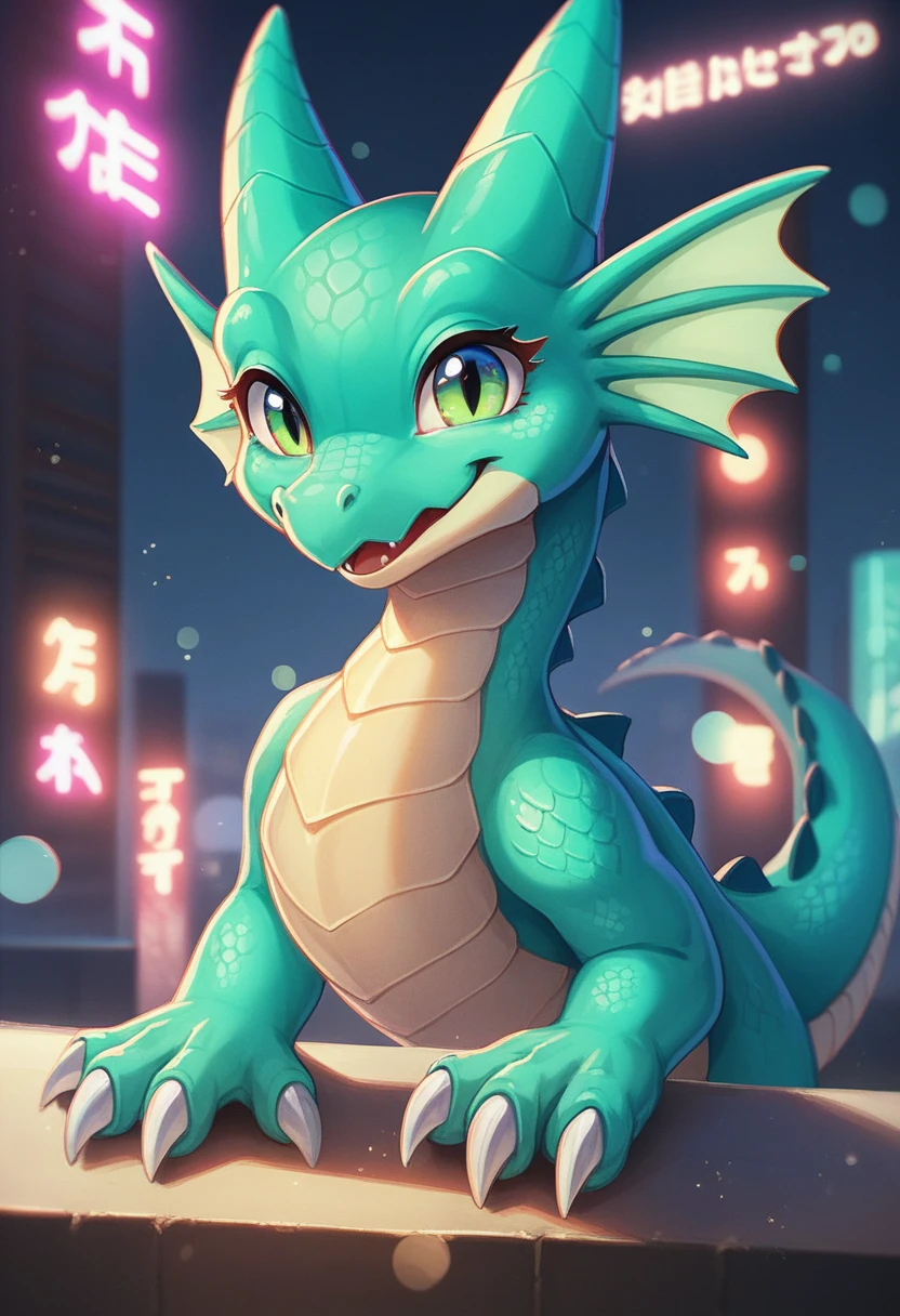 Vibrant digital artwork, set in a futuristic, neon-lit, Tokyo-inspired cityscape at dusk. A joyful, iridescent baby dragon, with glittering, swirling scales in hues of electric blue, mint green, and rose gold, 3D Bitcoin in its claws. The atmosphere is lively, dreamy, and cinematic, with soft focus and bokeh lights, inviting the viewer to step into this fantastical, high-tech world.