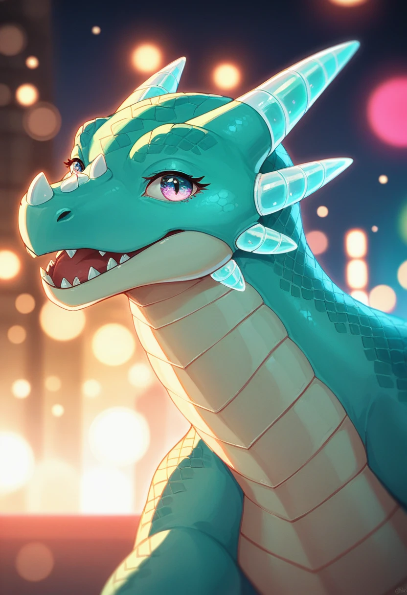 Vibrant digital artwork, set in a futuristic, neon-lit, Tokyo-inspired cityscape at dusk. A joyful, iridescent baby dragon, with glittering, swirling scales in hues of electric blue, mint green, and rose gold, 3D Bitcoin in its claws. The atmosphere is lively, dreamy, and cinematic, with soft focus and bokeh lights, inviting the viewer to step into this fantastical, high-tech world.