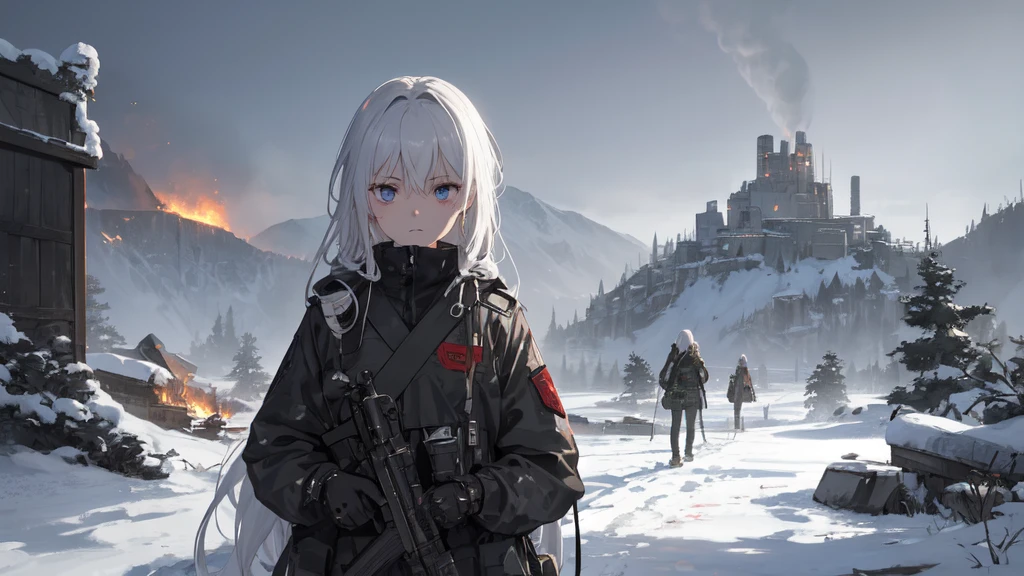 masterpiece:1.2), best quality , 独奏 ,pixiv, anime girl ,long straight white hair , black eyes ,Wearing off-white camouflage uniform ,,military fortress,(Eyes looking into the distance:1.3),(look away:1.5),snowy weather,dirty face,The background is a sea of fire with blood on the forehead,dirty face,Backlight,Bare rocky peaks ,Fierce flames are burning,The expression is sad,Grit your teeth,