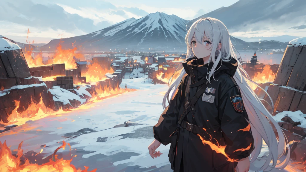 masterpiece:1.2), best quality , 独奏 ,pixiv, anime girl ，long straight white hair , black eyes ,Wearing off-white camouflage uniform ,ten years old，military fortress，(Eyes looking into the distance:1.3)，(look away:1.5)，snowy weather，dirty face，The background is a sea of fire with blood on the forehead，dirty face，Backlight，Bare rocky peaks ,Fierce flames are burning，The expression is sad，Grit your teeth，