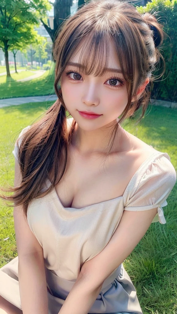 One piece with collar,outdoors,Urban Park,On the lawn,Ultra-detailed, finely detail, hight resolution, 8K Wallpaper, Perfect dynamic composition, Beautiful detailed eyes,Outdoor,Close-up of face,Outdoor,Blushing,Facing forward,,Long hair ponytail,((8k, Raw photo, Best Quality, Mastepiece:1.2), (Realism, Photorealistic:1.4), (Highly detailed 8K wallpapers), Depth of written boundary, Cinematic Lighting, Soft Light, Detailed Beauty Eye,Shiny and smooth light brown ponytail, Asymmetrical bangs, Shiny skin, Ultra-detailed skins ,It is high resolution., High detail, Detailed hairstyle, Detailed facial beauty, Hyper-realistic, Perfect limbs, Perfect Anatomy ,1 Japanese girl,Famous Japanese Idols, Perfect female body,A shy smile,Short eyelashes,Double-edged eyelids,Look straight here,Hair style: ponytail,