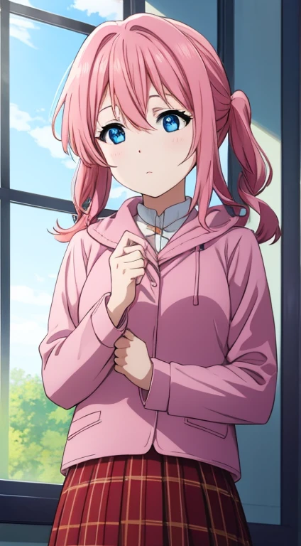 primary baby school , pink hair, blue eyes, wears a red skirt and rabbit coat.