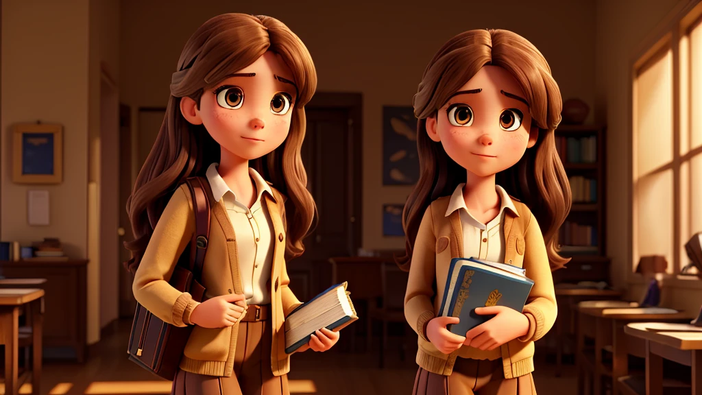 a beautiful young female student, long brown hair, , holding books, walking in a campus, golden hour lighting, 8k, photorealistic, highly detailed, intricate details, cinematic lighting, warm color tones, dramatic depth of field, masterpiece