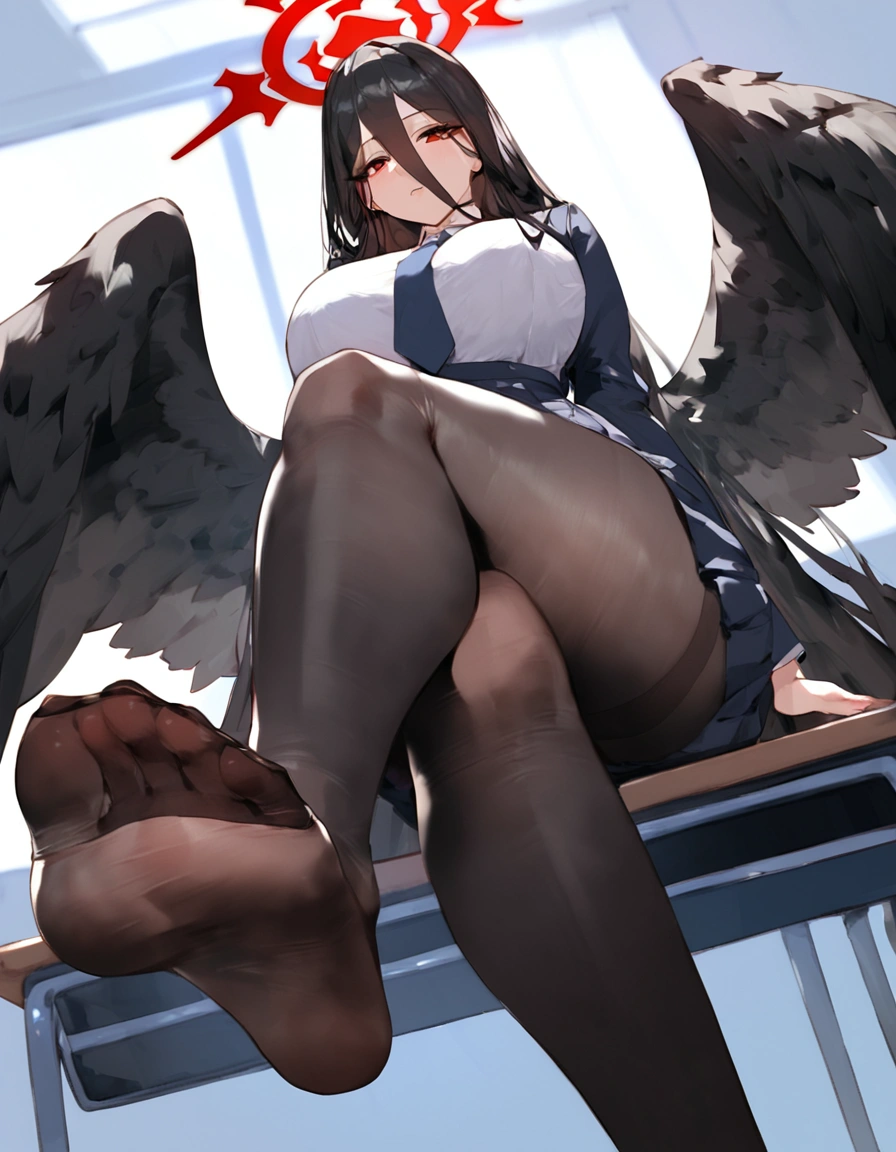 score_9, score_8_up, score_7_up, score_6_up, 1girl, breasts, at school, sit on desk, hasumi \(blue archive\), rhalo, black hair, long hair, hair between eyes, very long hair, , big breasts, she has black wings, , alternate costume, school outfit,,,, ,pantyhose, below view ,,, detailed foots, foot focus,sit, foots to viewer, crossed legs